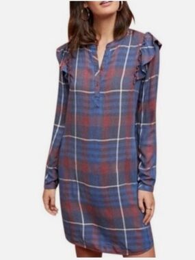Anthropologie Cloth & Stone Plaid Blue and Red Ruffle Shoulder Shift Dress